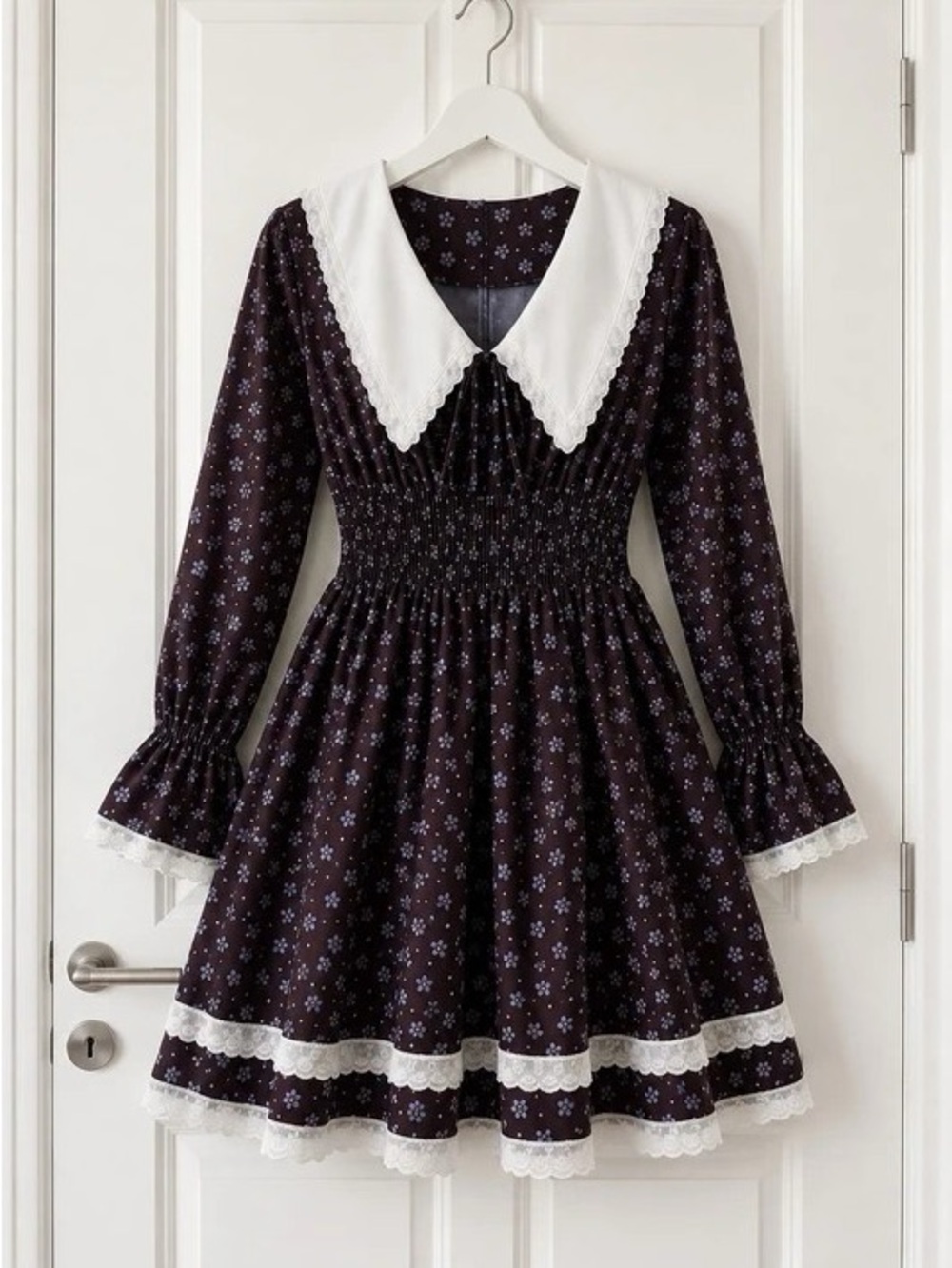 Smocked Waist Long-Sleeve Floral Dress with White Peter Pan Collar - Black